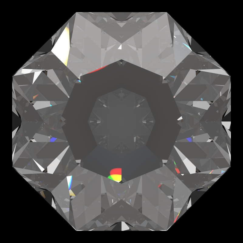 Dg-octagonal kite in diamond face-up under a single bright light: a render from our simulator, its coloured flashes are the fire (score 82)