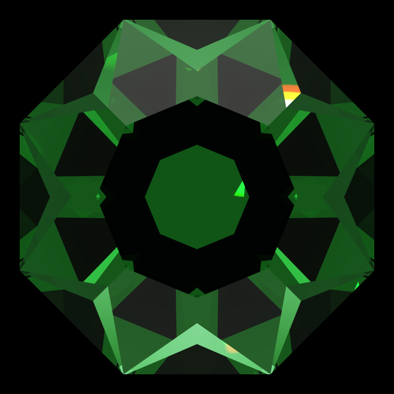 Dg-octagonal kite in emerald face-up under a single bright light: a render from our simulator, its coloured flashes are the fire (score 40)