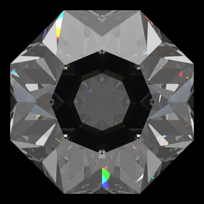 Dg-octagonal kite in moissanite face-up under a single bright light: a render from our simulator, its coloured flashes are the fire (score 95)