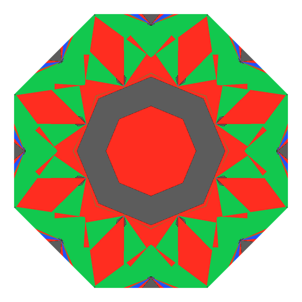Dg-octagonal kite in moissanite face-up Light Return map: red, green and blue show where the light returns from, grey shows where it leaks (Brilliance 71)