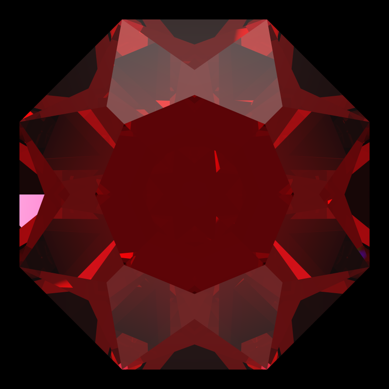 Dg-octagonal kite in ruby face-up under a single bright light: a render from our simulator, its coloured flashes are the fire (score 34)