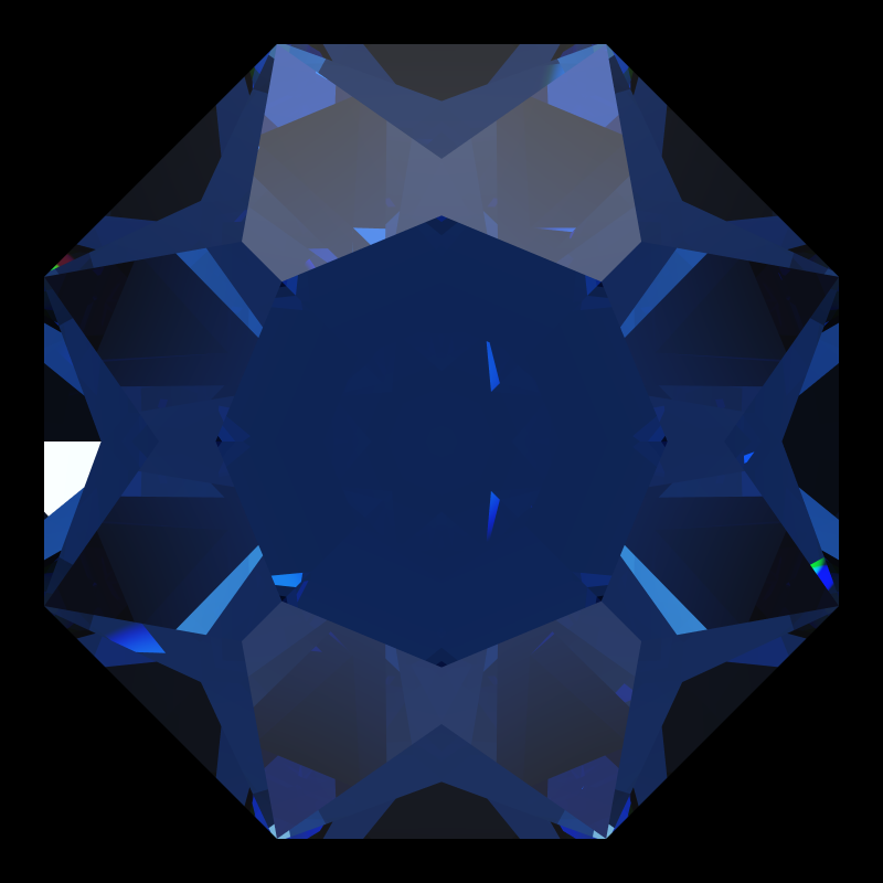 Dg-octagonal kite in sapphire face-up under a single bright light: a render from our simulator, its coloured flashes are the fire (score 34)