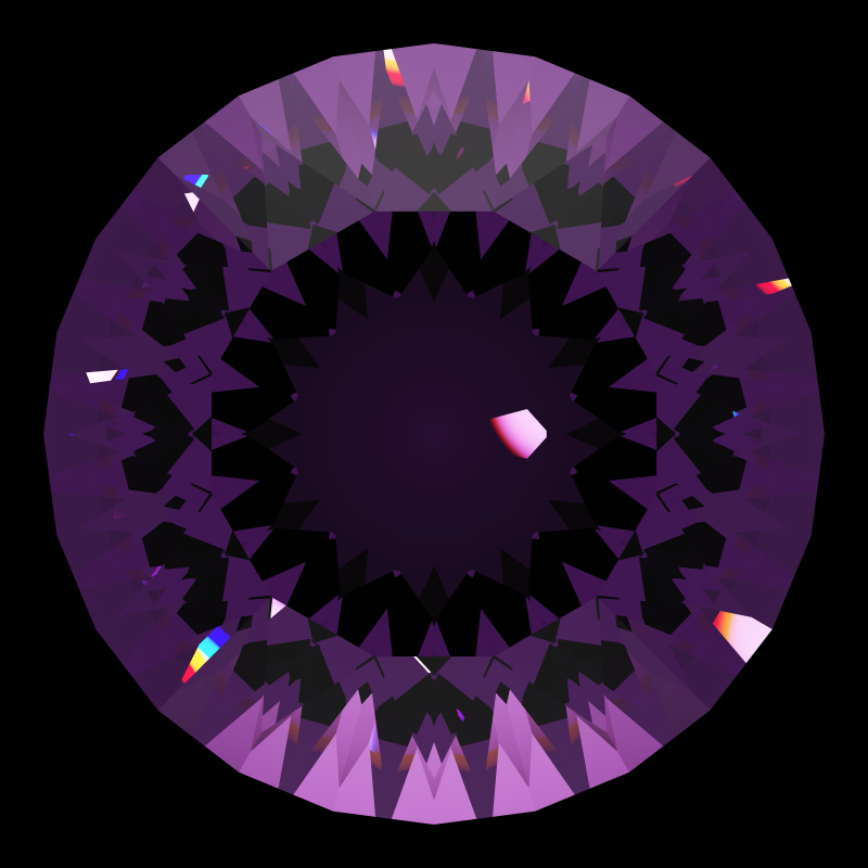 Dg-rafaello in amethyst face-up under a single bright light: a render from our simulator, its coloured flashes are the fire (score 26)