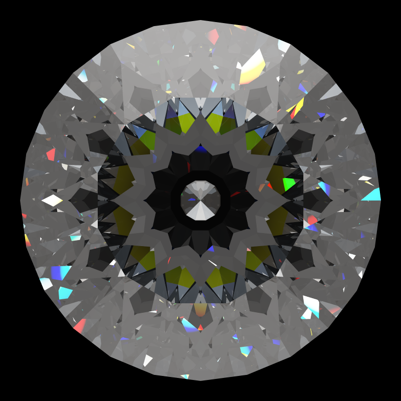Dg-rafaello in moissanite face-up under a single bright light: a render from our simulator, its coloured flashes are the fire (score 90)