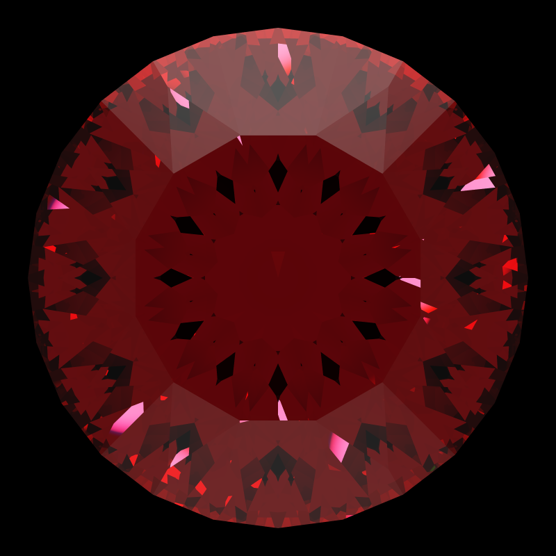Dg-rafaello in ruby face-up under a single bright light: a render from our simulator, its coloured flashes are the fire (score 25)