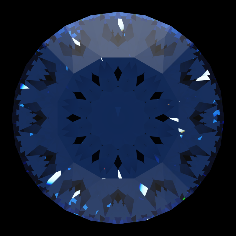 Dg-rafaello in sapphire face-up under a single bright light: a render from our simulator, its coloured flashes are the fire (score 25)