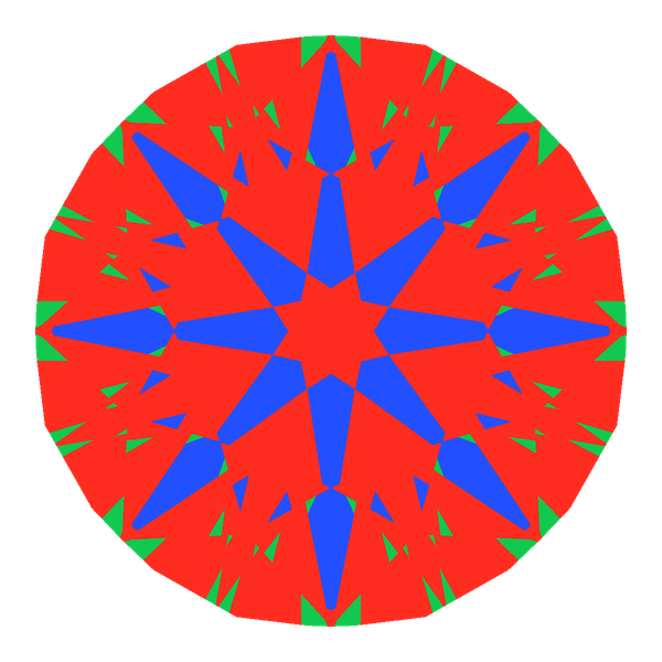 Dg-vitruvio in cubic zirconia face-up Light Return map: red, green and blue show where the light returns from, grey shows where it leaks (Brilliance 98)