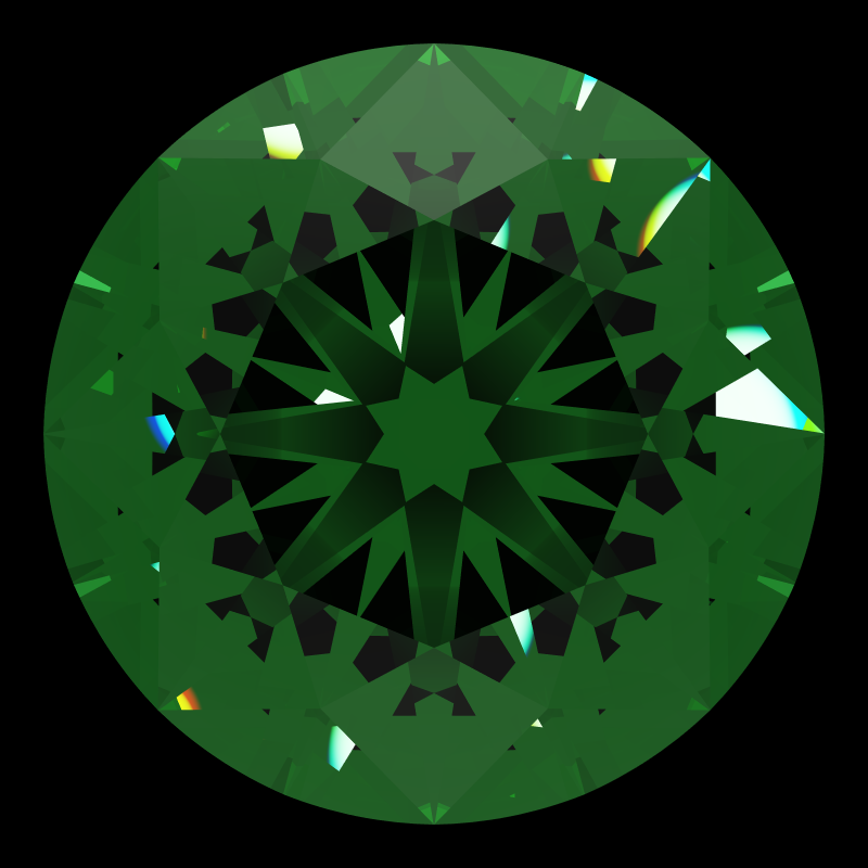 Dg-vitruvio in emerald face-up under a single bright light: a render from our simulator, its coloured flashes are the fire (score 40)
