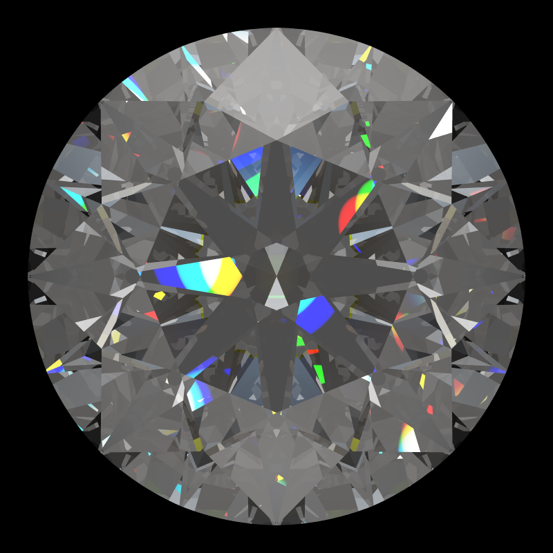 Dg-vitruvio in moissanite face-up under a single bright light: a render from our simulator, its coloured flashes are the fire (score 97)