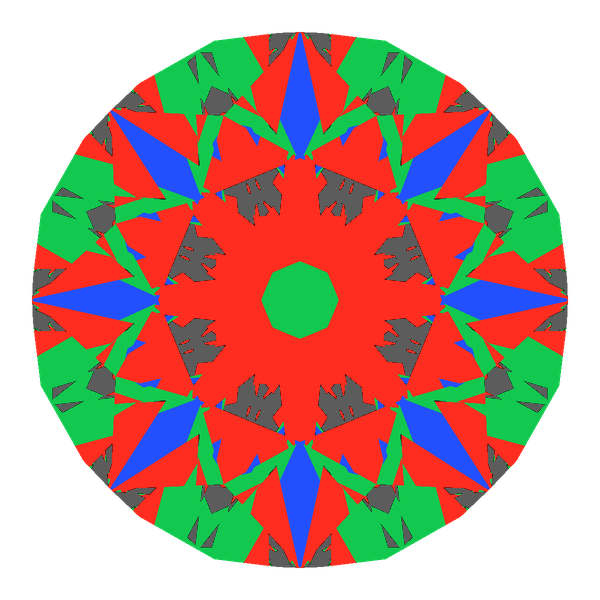 Dg-vitruvio in moissanite face-up Light Return map: red, green and blue show where the light returns from, grey shows where it leaks (Brilliance 86)