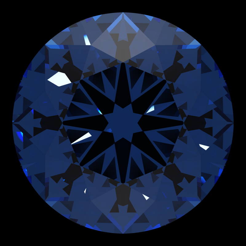 Dg-vitruvio in sapphire face-up under a single bright light: a render from our simulator, its coloured flashes are the fire (score 37)