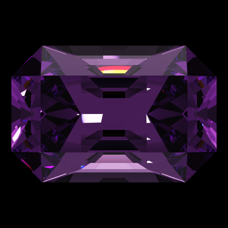 Emerald cut in amethyst face-up under a single bright light: a render from our simulator, its coloured flashes are the fire (score 32)