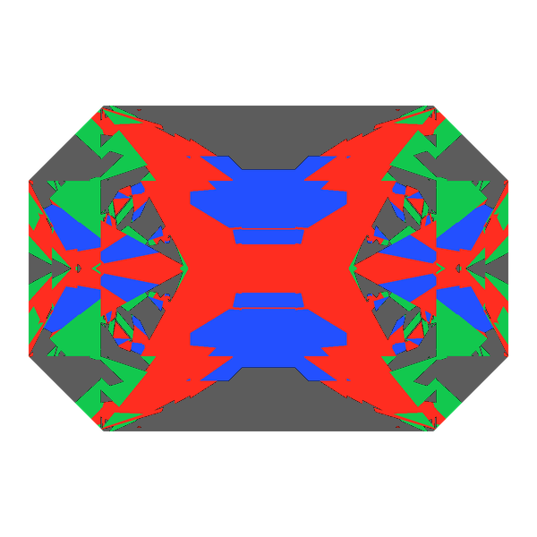 Emerald cut in amethyst face-up Light Return map: red, green and blue show where the light returns from, grey shows where it leaks (Brilliance 53)
