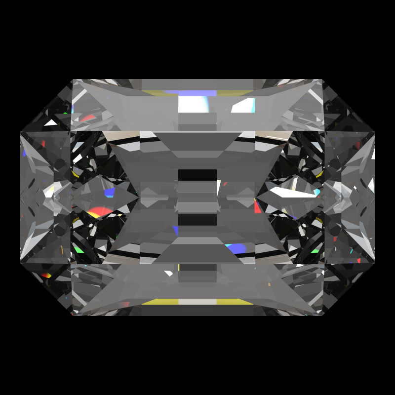 Emerald cut in cubic zirconia face-up under a single bright light: a render from our simulator, its coloured flashes are the fire (score 92)