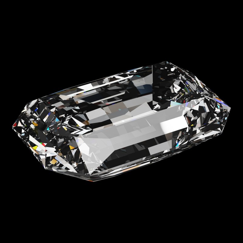 The Emerald Cut in cubic zirconia, rendered at an angle in our 3D Gemstone Simulator under studio light