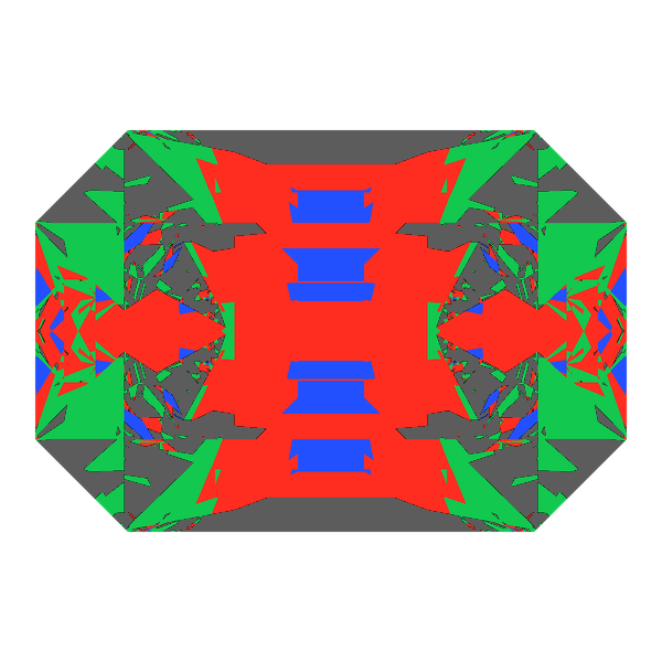 Emerald cut in cubic zirconia face-up Light Return map: red, green and blue show where the light returns from, grey shows where it leaks (Brilliance 59)