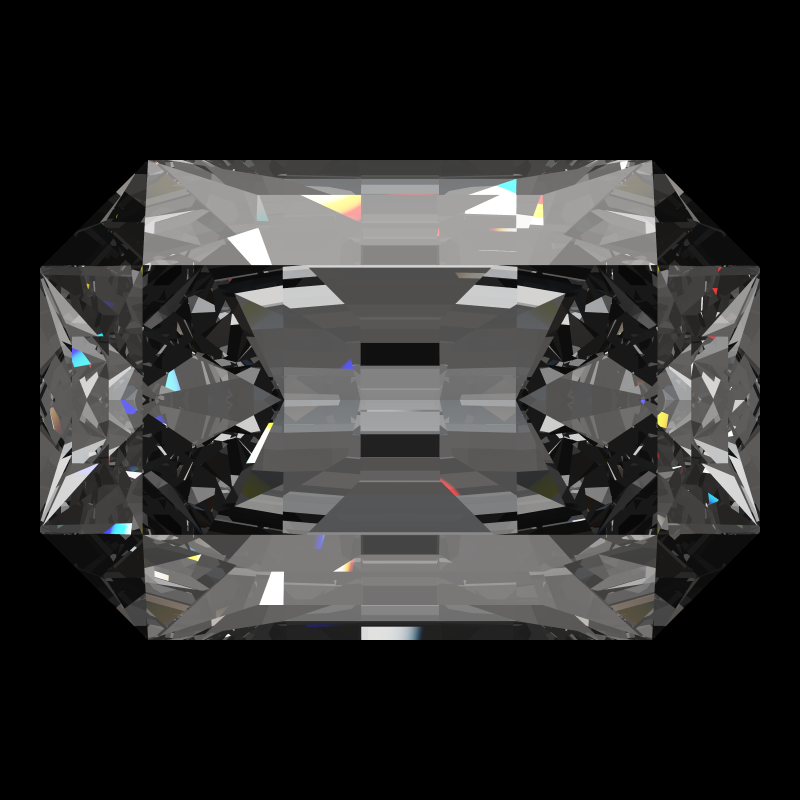 Emerald cut in diamond face-up under a single bright light: a render from our simulator, its coloured flashes are the fire (score 87)