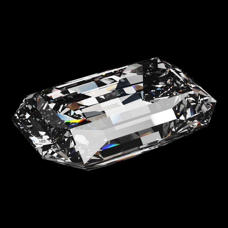 The Emerald Cut in diamond, rendered at an angle in our 3D Gemstone Simulator under studio light