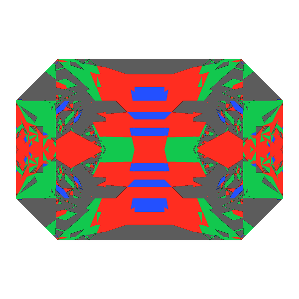 Emerald cut in diamond face-up Light Return map: red, green and blue show where the light returns from, grey shows where it leaks (Brilliance 55)