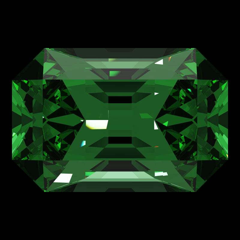 Emerald cut in emerald face-up under a single bright light: a render from our simulator, its coloured flashes are the fire (score 36)