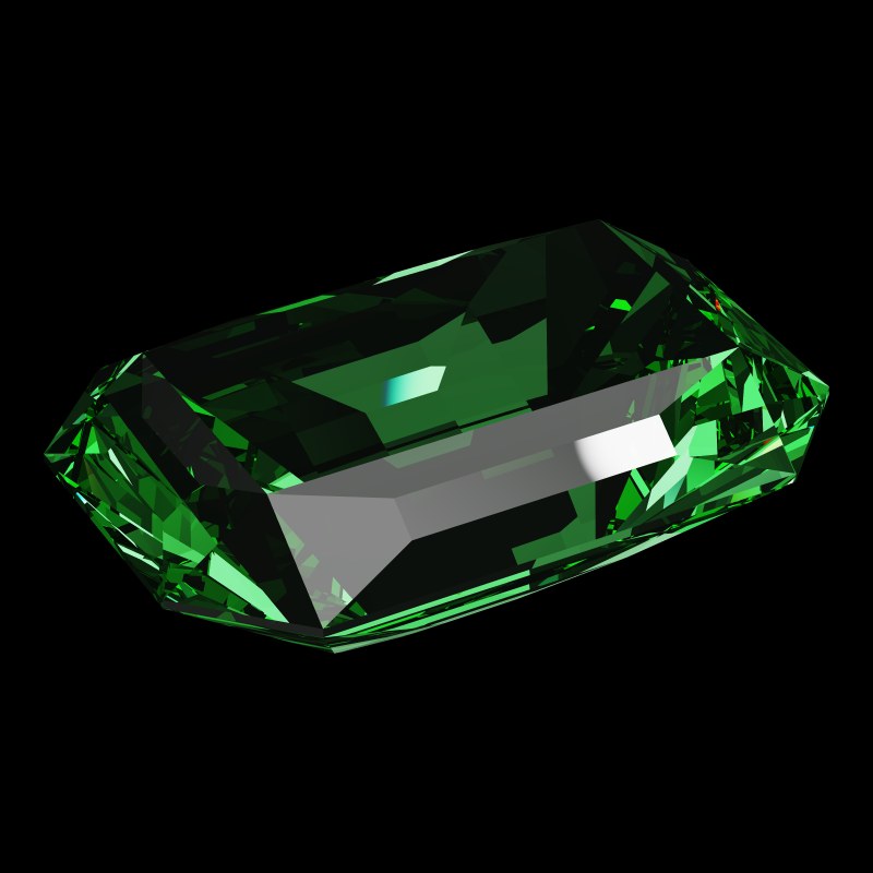 The Emerald Cut in emerald, rendered at an angle in our 3D Gemstone Simulator under studio light