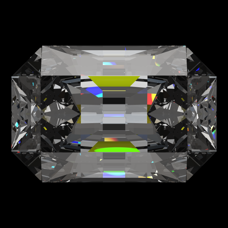 Emerald cut in moissanite face-up under a single bright light: a render from our simulator, its coloured flashes are the fire (score 95)