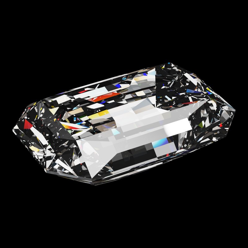 The Emerald Cut in moissanite, rendered at an angle in our 3D Gemstone Simulator under studio light