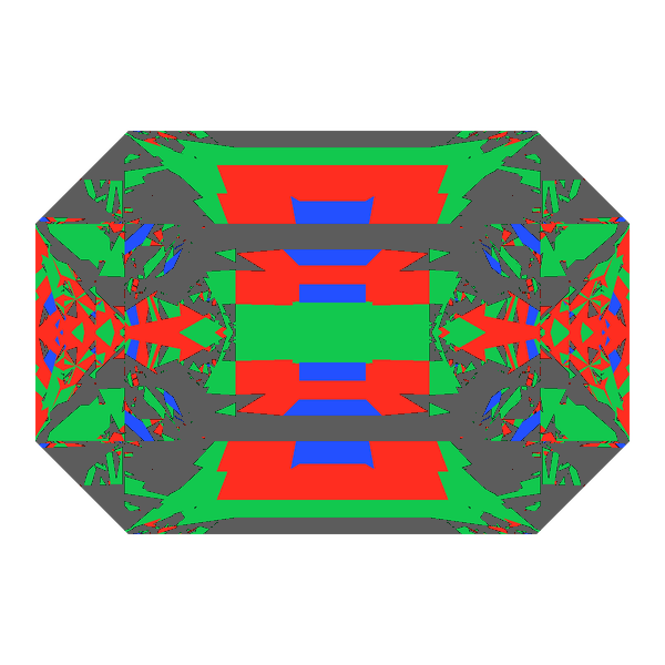 Emerald cut in moissanite face-up Light Return map: red, green and blue show where the light returns from, grey shows where it leaks (Brilliance 51)