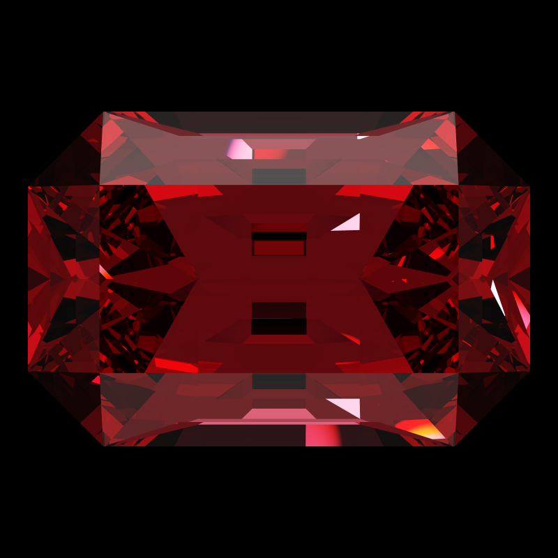Emerald cut in ruby face-up under a single bright light: a render from our simulator, its coloured flashes are the fire (score 47)