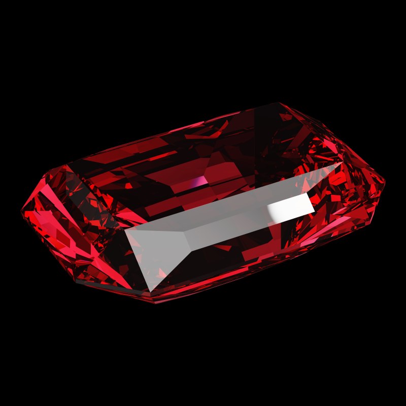 The Emerald Cut in ruby, rendered at an angle in our 3D Gemstone Simulator under studio light