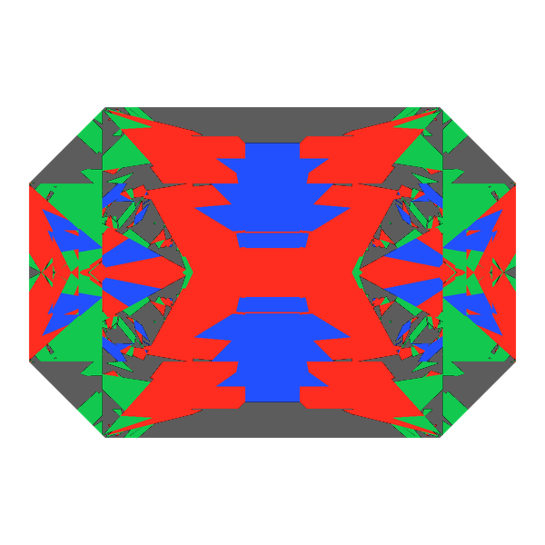 Emerald cut in ruby face-up Light Return map: red, green and blue show where the light returns from, grey shows where it leaks (Brilliance 65)