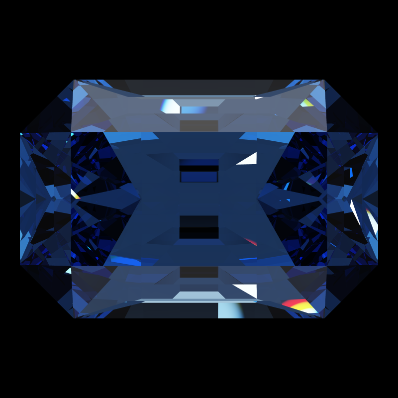 Emerald cut in sapphire face-up under a single bright light: a render from our simulator, its coloured flashes are the fire (score 47)