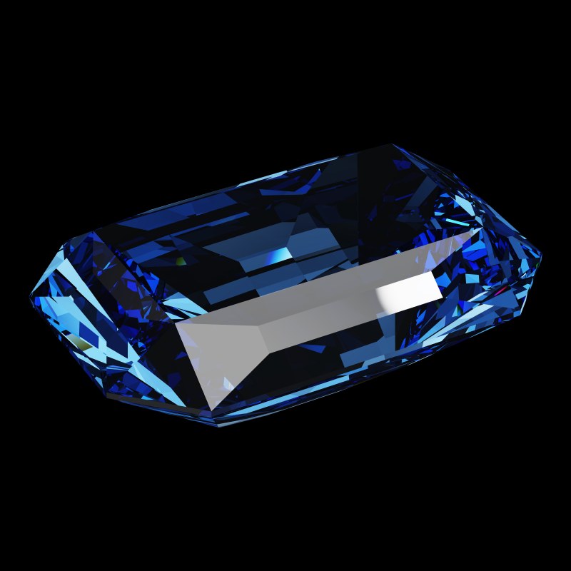 The Emerald Cut in sapphire, rendered at an angle in our 3D Gemstone Simulator under studio light