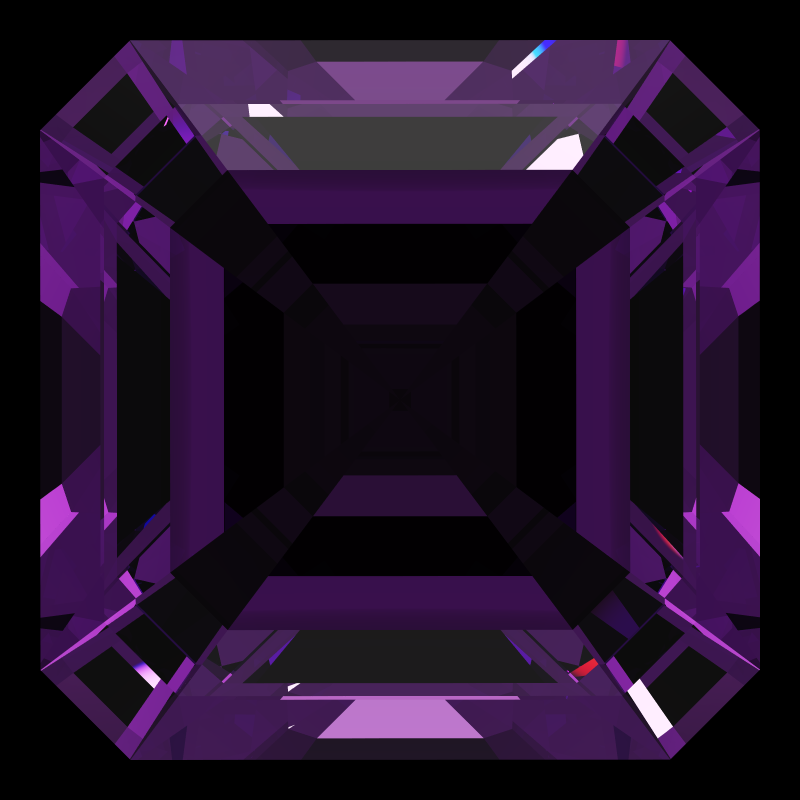 Emerald square cut in amethyst face-up under a single bright light: a render from our simulator, its coloured flashes are the fire (score 40)