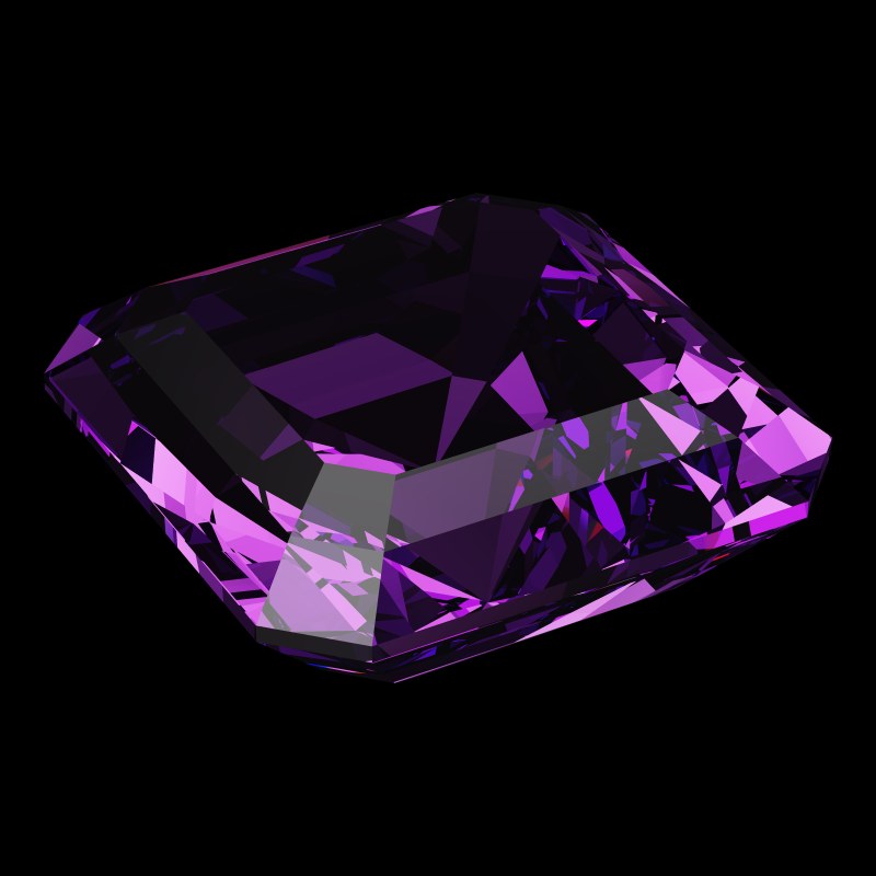 The Emerald Square Cut in amethyst, rendered at an angle in our 3D Gemstone Simulator under studio light