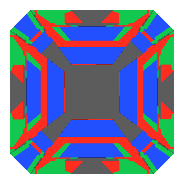 Emerald square cut in amethyst face-up Light Return map: red, green and blue show where the light returns from, grey shows where it leaks (Brilliance 61)