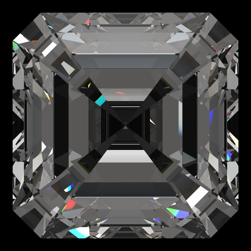 Emerald square cut in cubic zirconia face-up under a single bright light: a render from our simulator, its coloured flashes are the fire (score 89)