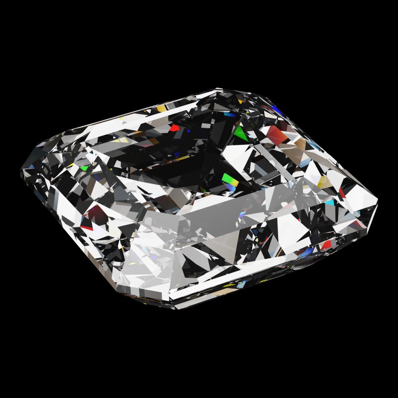 The Emerald Square Cut in cubic zirconia, rendered at an angle in our 3D Gemstone Simulator under studio light