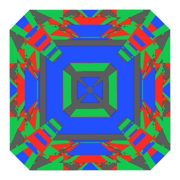 Emerald square cut in cubic zirconia face-up Light Return map: red, green and blue show where the light returns from, grey shows where it leaks (Brilliance 65)