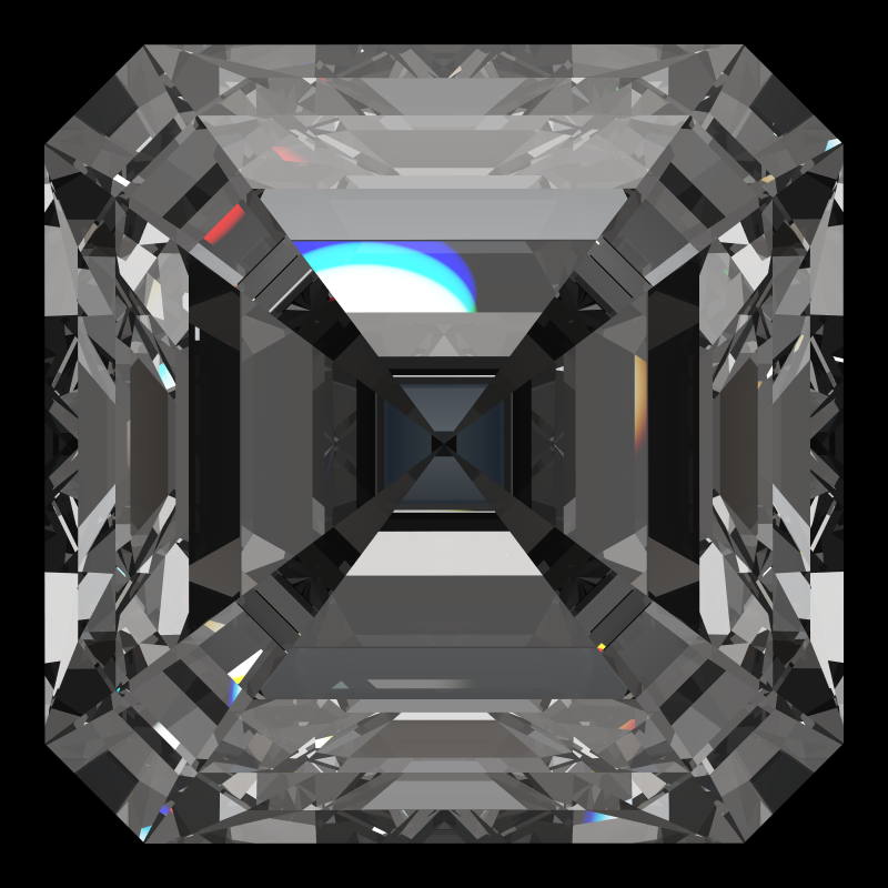 Emerald square cut in diamond face-up under a single bright light: a render from our simulator, its coloured flashes are the fire (score 84)
