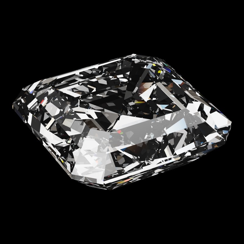 The Emerald Square Cut in diamond, rendered at an angle in our 3D Gemstone Simulator under studio light