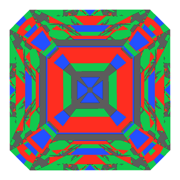 Emerald square cut in diamond face-up Light Return map: red, green and blue show where the light returns from, grey shows where it leaks (Brilliance 64)