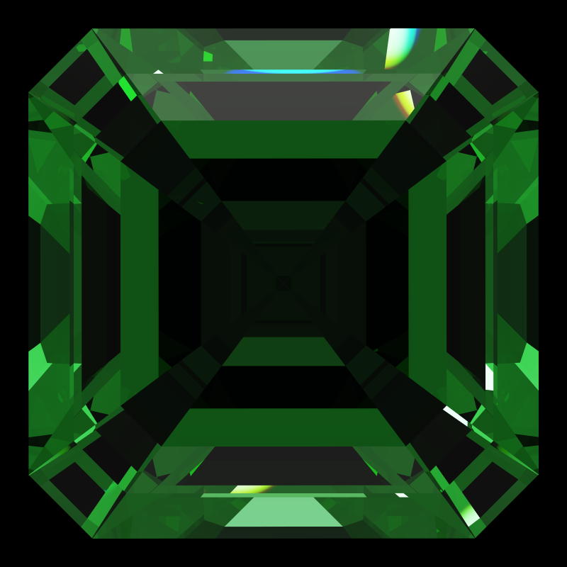 Emerald square cut in emerald face-up under a single bright light: a render from our simulator, its coloured flashes are the fire (score 46)