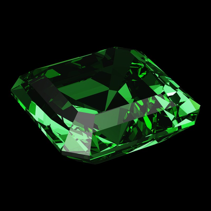 The Emerald Square Cut in emerald, rendered at an angle in our 3D Gemstone Simulator under studio light