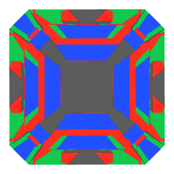 Emerald square cut in emerald face-up Light Return map: red, green and blue show where the light returns from, grey shows where it leaks (Brilliance 66)