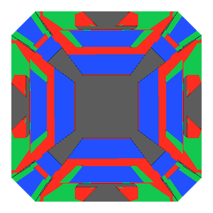 Emerald square cut in emerald tilted 0 degrees: Light Return map, 25% of the face leaking