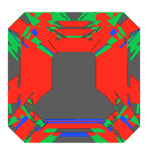 Emerald square cut in emerald tilted 10 degrees: Light Return map, 34% of the face leaking