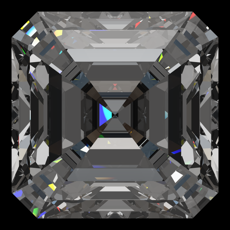Emerald square cut in moissanite face-up under a single bright light: a render from our simulator, its coloured flashes are the fire (score 93)