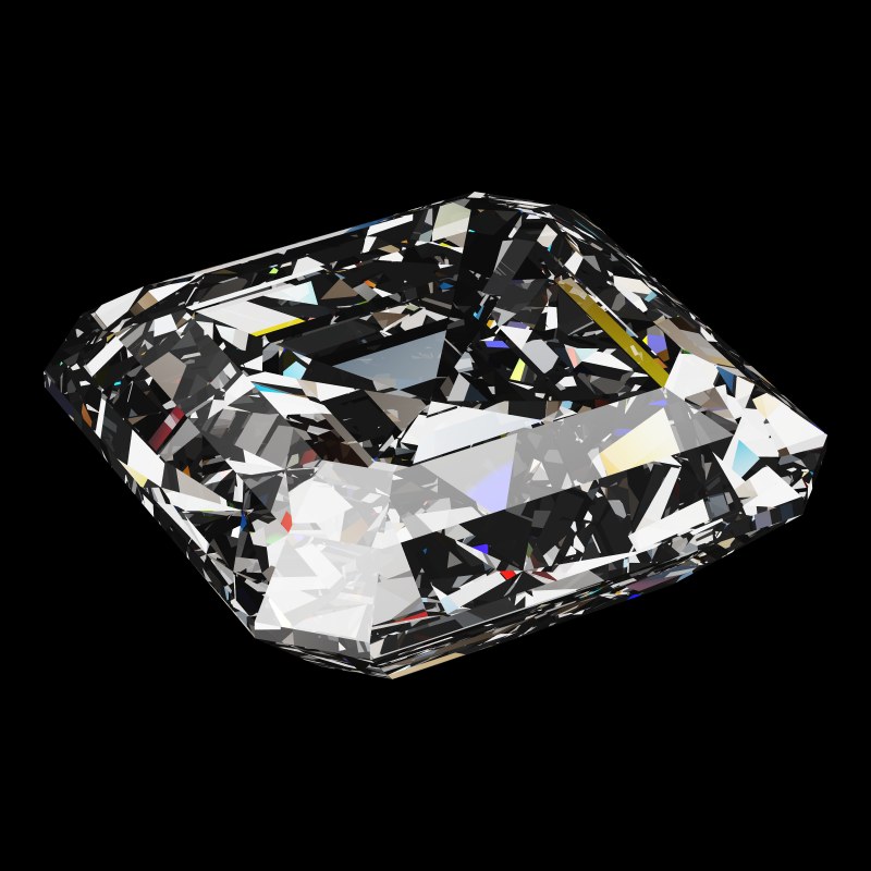 The Emerald Square Cut in moissanite, rendered at an angle in our 3D Gemstone Simulator under studio light