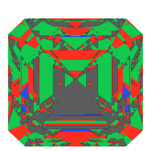 Emerald square cut in moissanite tilted 20 degrees: Light Return map, 30% of the face leaking